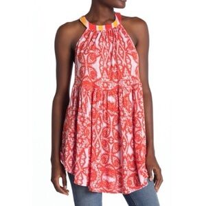 Free People Mimi Linen Blend Halter Tunic Sleeveless Top Orange White SMALL